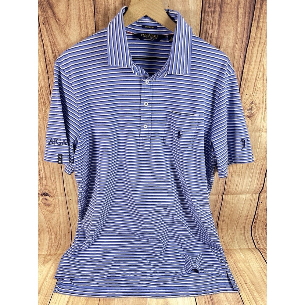 Polo Golf‎ Ralph Lauren Polo Shirt Stretch Men Short Sleeve Blue Striped LARGE